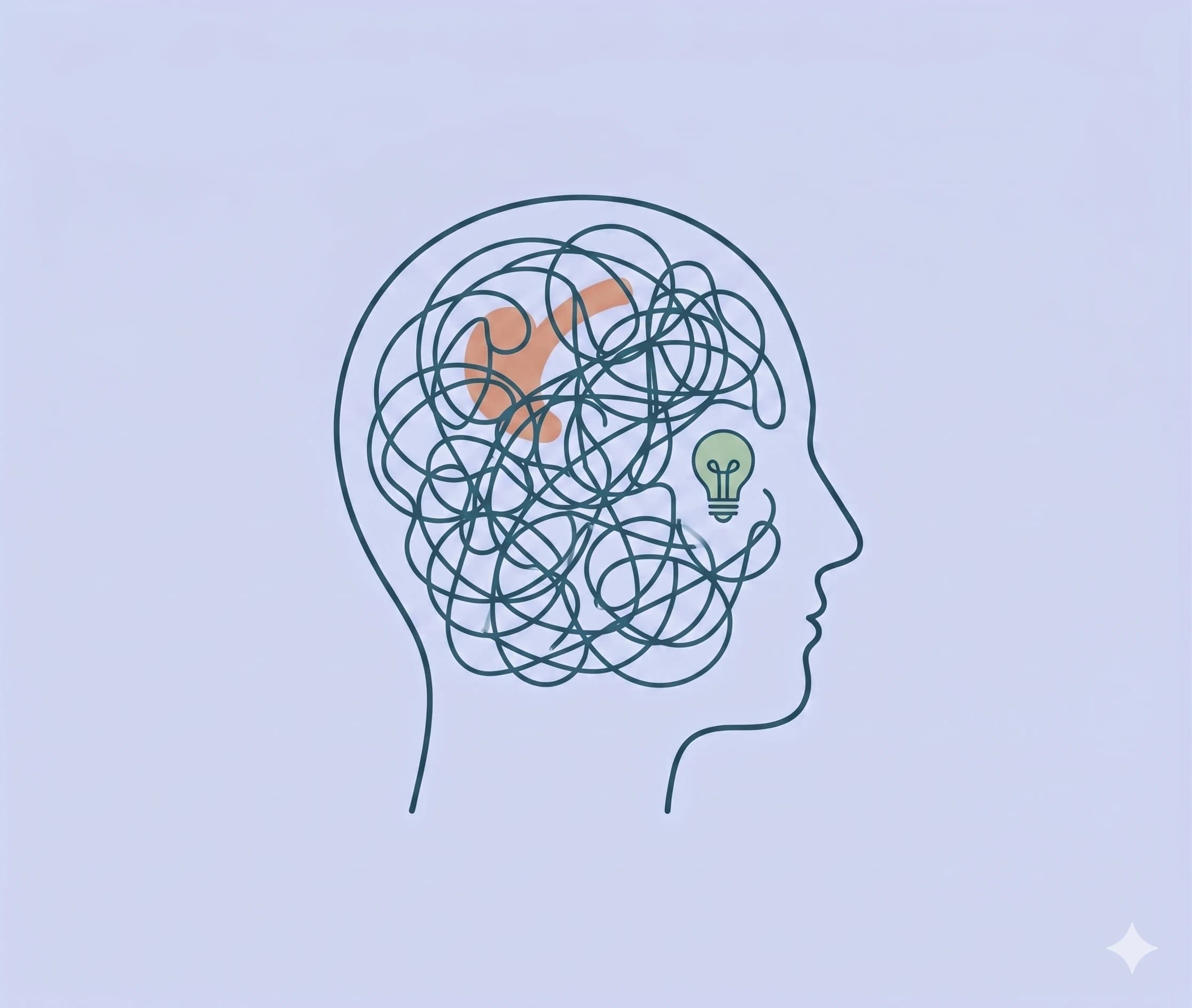Side profile of a head with a tangled-line brain and a lightbulb