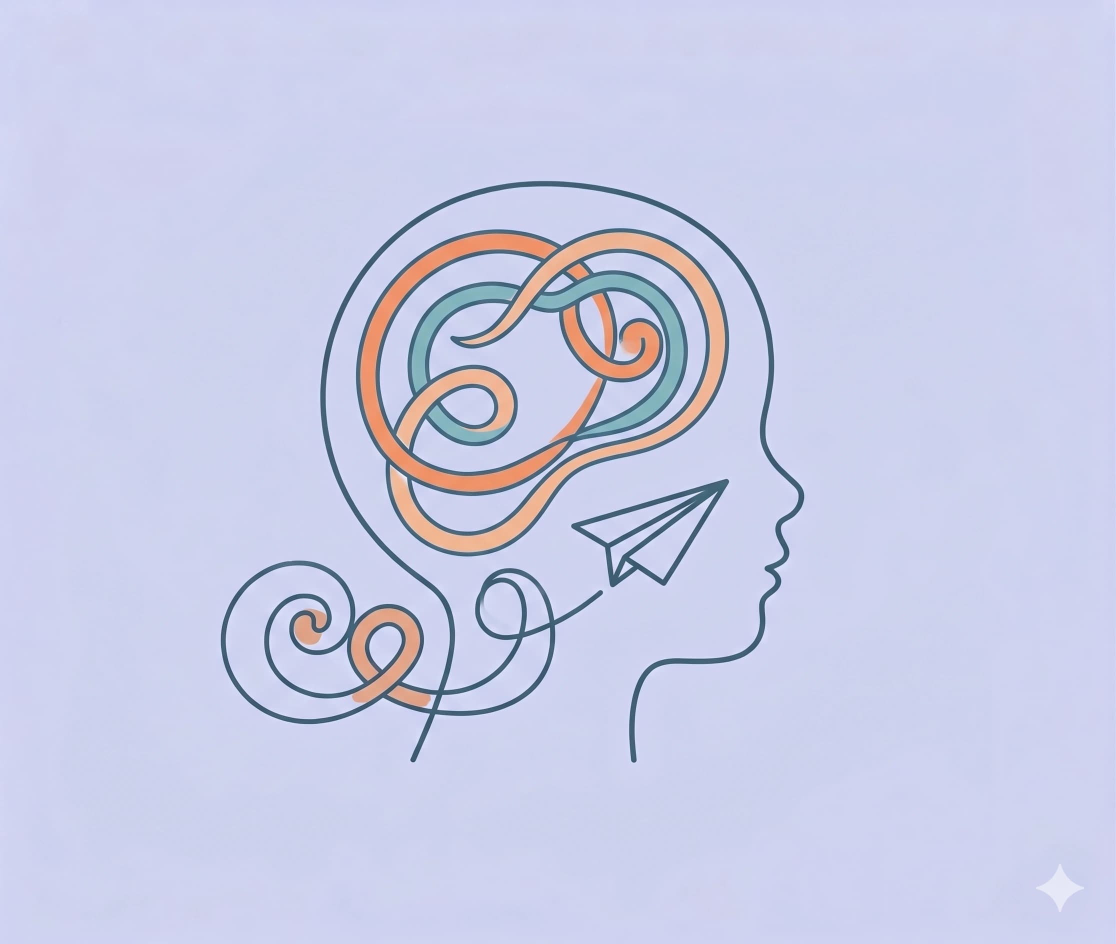 A child's profile with curling lines representing thoughts and a paper plane
