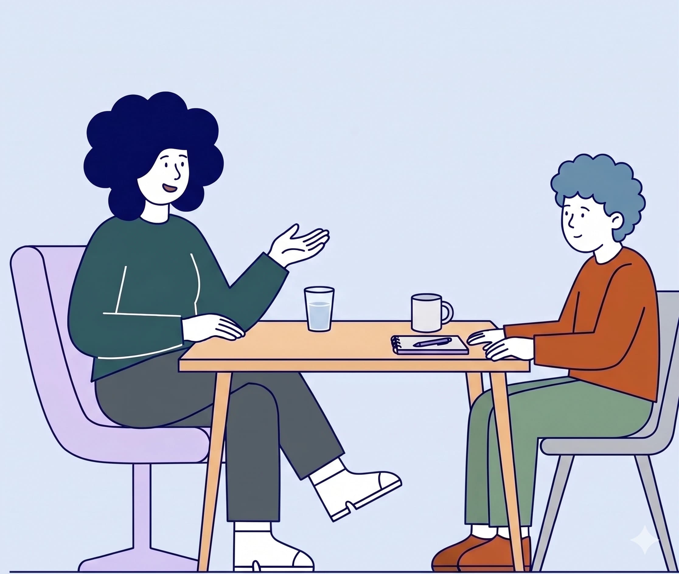 A clinician and a patient in conversation across a table